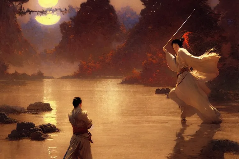 Image similar to wuxia, moon, river, night, painting by gaston bussiere, craig mullins, j. c. leyendecker