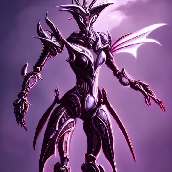 Image similar to highly detailed exquisite fanart, of a beautiful female warframe, but as an anthropomorphic elegant robot female dragon, shiny white smooth silver plated armor engraved, robot dragon head, Fuchsia skin beneath the armor, sharp claws, long sleek tail behind, robot dragon hands and feet, standing elegant pose, close-up shot, full body shot, epic cinematic shot, professional digital art, high end digital art, singular, realistic, DeviantArt, artstation, Furaffinity, 8k HD render, epic lighting, depth of field