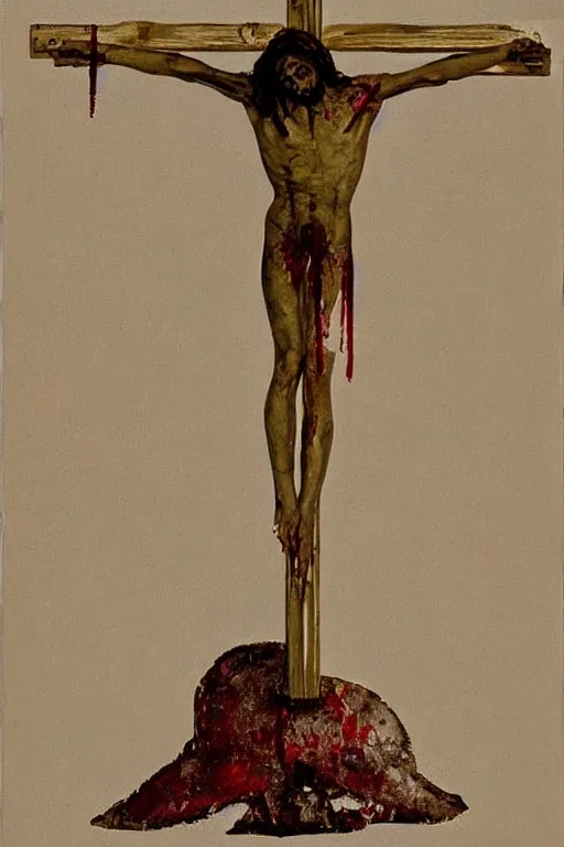 Image similar to bloody christ crucified on a very big mushroom painted in by cy twombly and andy warhol