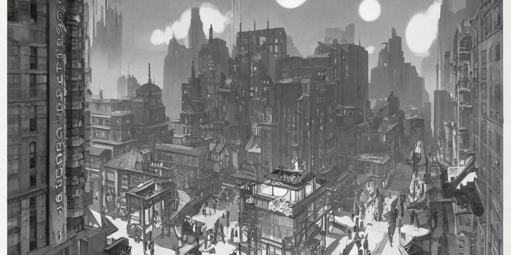 Prompt: A radiant atomic generator building lights up a city square, dieselpunk, by Studio Ghibli and Edward Hopper