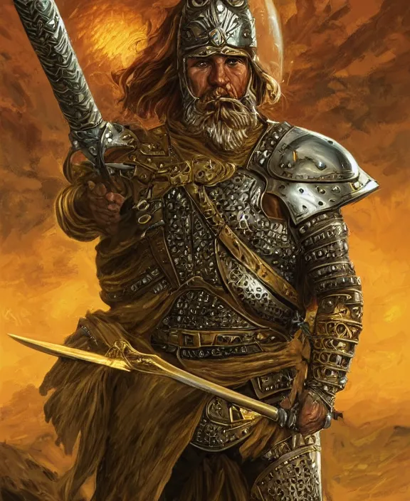 Image similar to strong warrior with legendary sword, fantasy, man, gilded shiny armour, highly detailed, contrast, digital painting, artstation, concept art, wallpaper, smooth, sharp focus, illustration, illumination, raytracting, art by larry elmore, jeff easley, clyde waldwell, keith parkinson, daniel r horne