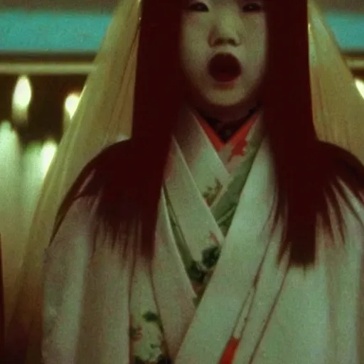 Image similar to a japanese horror movie from the 90's featuring a scary female ghost