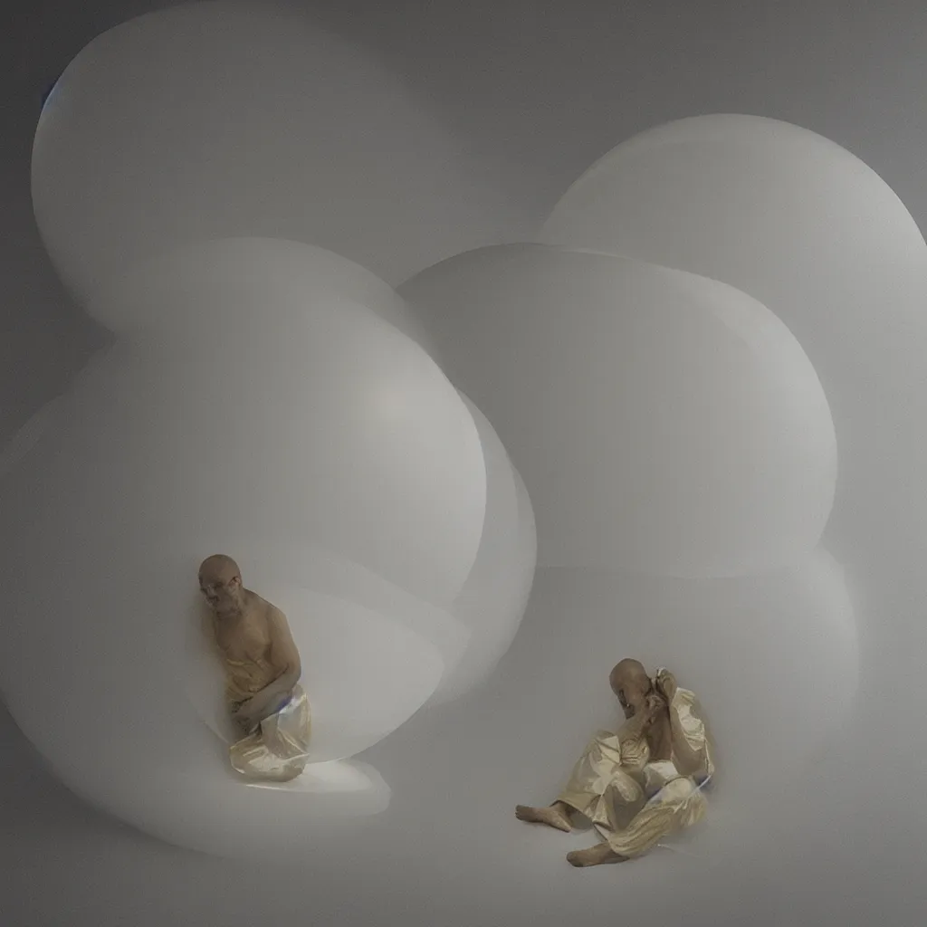 Image similar to “the last human being uploaded to the cloud sitting in a spherical white chamber with the surfaces glowing in gold with consciousness, highly detailed in 4K”