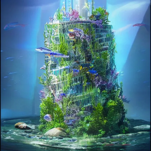 Prompt: a beautiful aquarium skyscraper, highly detailed, masterpiece, trending on artstation, devianart, cgsociety, concept art