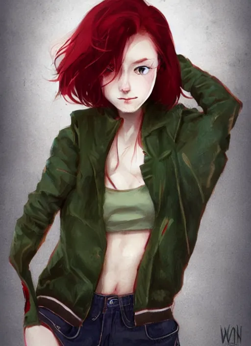 Prompt: full-body shot of an attractive tomboy girl with long, crimson red hair and red eyes, wearing a brown, open jacket and green jeans with a stern look, concept art, character design, by WLOP, by Ross Draws