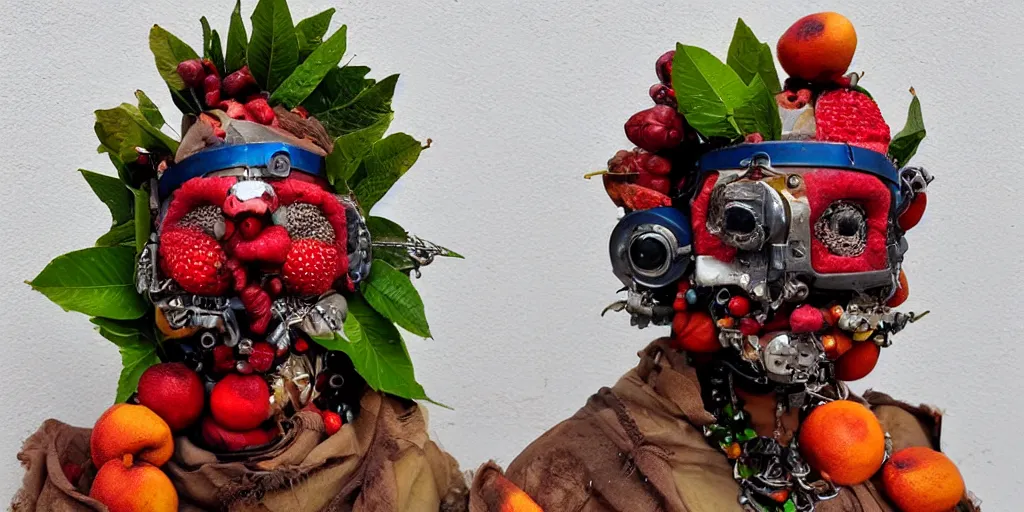 Prompt: a beautiful cyborg made of ceremonial fruit maske