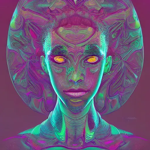 Image similar to A beautiful psychedelic portrait, surreal, LSD, face, detailed, intricate, elegant, lithe, highly detailed, digital painting, artstation, concept art, smooth, sharp focus, illustration, art by Kilian Eng