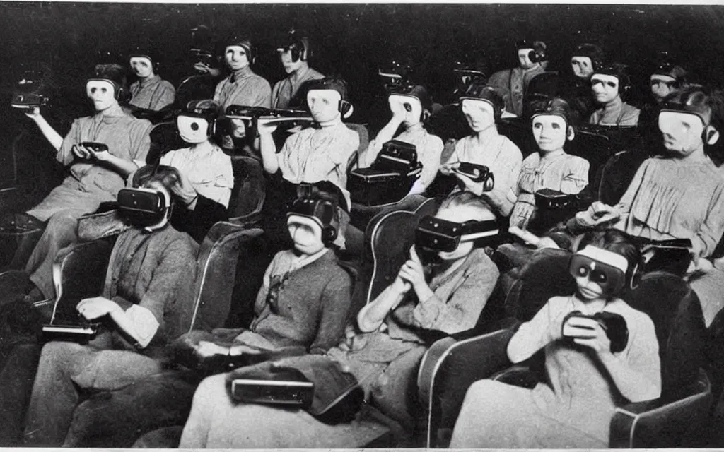 Image similar to 1 9 0 0 s photo of people using iphones ipods virtual reality headsets vr watching hd tv in a movie theater