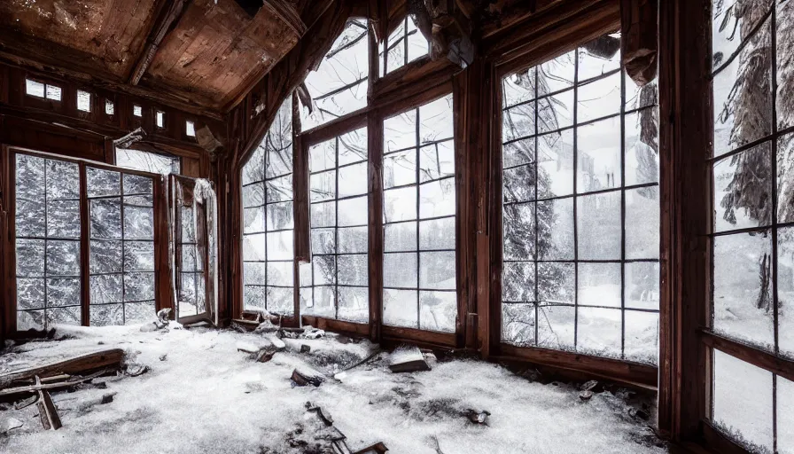 Prompt: interior of a wooden abandoned 1 8 0 0's chalet, snowy floor, snow inside, broken glass, morning light through windows, floating old curtains, old library covered by snow, cold, hyperdetailed, artstation, cgsociety, 8 k