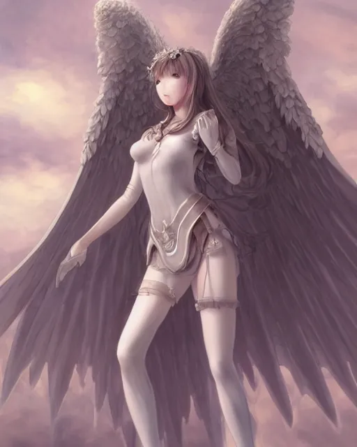 Image similar to range murata, an infinitely detailed portrait of a frail and pale female peace angel elegantly. fully - clothed full - body, beautiful! scenery art!! coherent! by wlop & murata range, victorian armor trim, cold color palette, artstation / pixiv!! elegantly armored angel portrait full - body, dreamy art