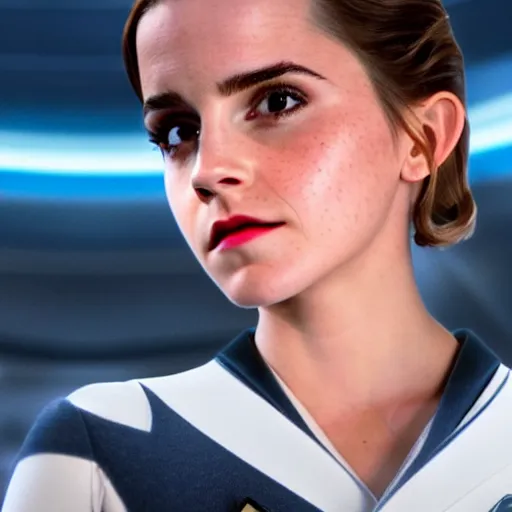 Image similar to Emma Watson in Star Trek, XF IQ4, f/1.4, ISO 200, 1/160s, 8K, Sense of Depth, color and contrast corrected, RAW, Dolby Vision, symmetrical balance, in-frame