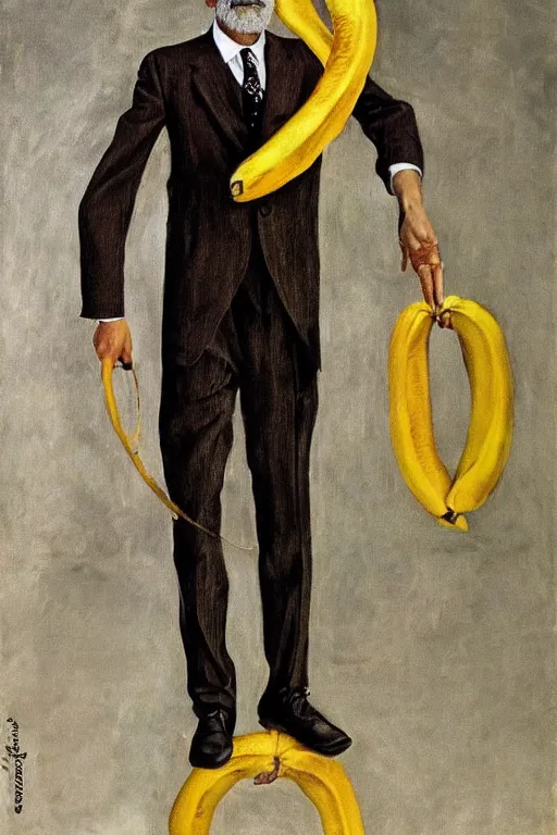 Image similar to portrait of sigmund freud wearing suit coat and tie and skirt made of bananas, doing the hula hoop, by frank mccarthy, by lucian freud