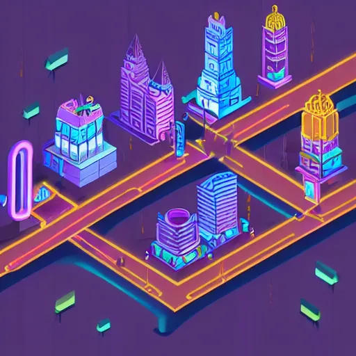 Prompt: isometric neon city at night rainy lamp posts few people in the future capital city