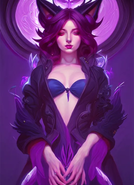 Prompt: symmetry!! portrait of beautiful female character coven ahri, league of legends art, dark atmosphere, purple fire, glowing lights!! intricate, elegant, highly detailed, digital painting, artstation, vector behance hd jesper ejsing, hd, 3 2 k, ilya kuvshinov, gustav klimt