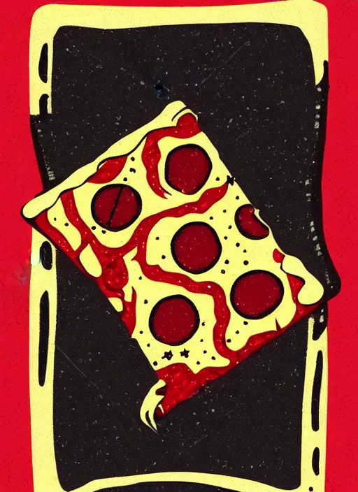 Image similar to tarot card of pizza, meaning tasty food, high quality image, modern digital art, stylish, black and red