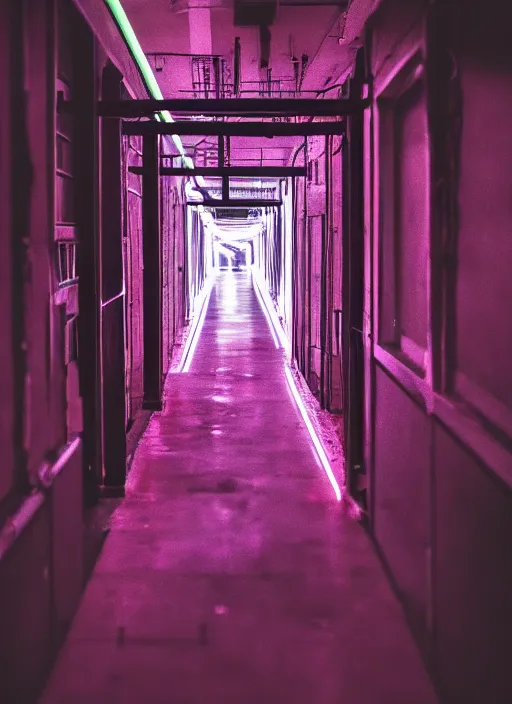 Prompt: a view of a spooky neon corridor, depth of field photo by yi insang, unsplash, video art, blur, wallpaper, cinematic view