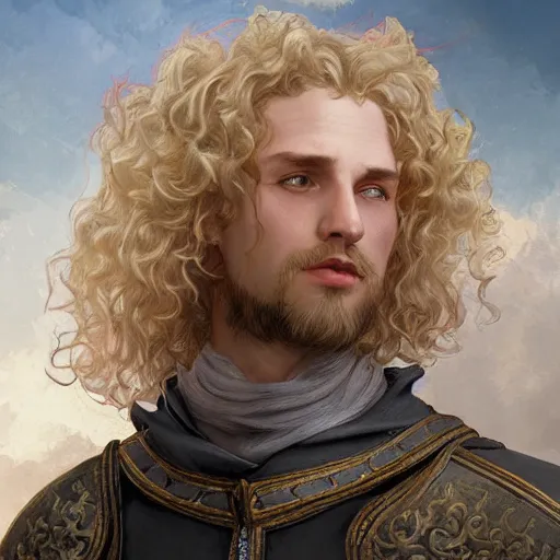 Image similar to blonde curly-haired medieval nobleman, D&D, doublet, painted fantasy character portrait, highly detailed, digital painting, artstation, concept art, sharp focus, illustration, art by artgerm and greg rutkowski and alphonse mucha