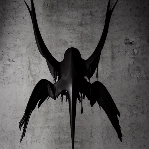 Prompt: “asymmetrical black metal winged sculpture made of glossy black liquid latex, hanging from ceiling in abandoned basement, brutalist, designed by rick owens and hr giger, asymmetrical composition, 8k hyperrealistic, hyper-detailed, highly textured, dark volumetric lighting, fine details, muted, octane render” — h 768 - n 8