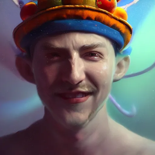 Image similar to a dmt jester wearing a fool's cap, hyperspace, huggy wuggy from poppy playtime video game, fullbody, ultra high detailed, oil painting, greg rutkowski, charlie bowater, yuumei, yanjun cheng, unreal 5, daz, hyperrealistic, octane render, rpg portrait, dynamic lighting, fantasy art, beautiful face