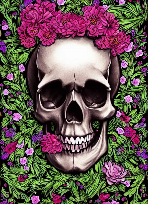 Prompt: A skull surrounded by flowers, digital art, trending on Artstation, ornate