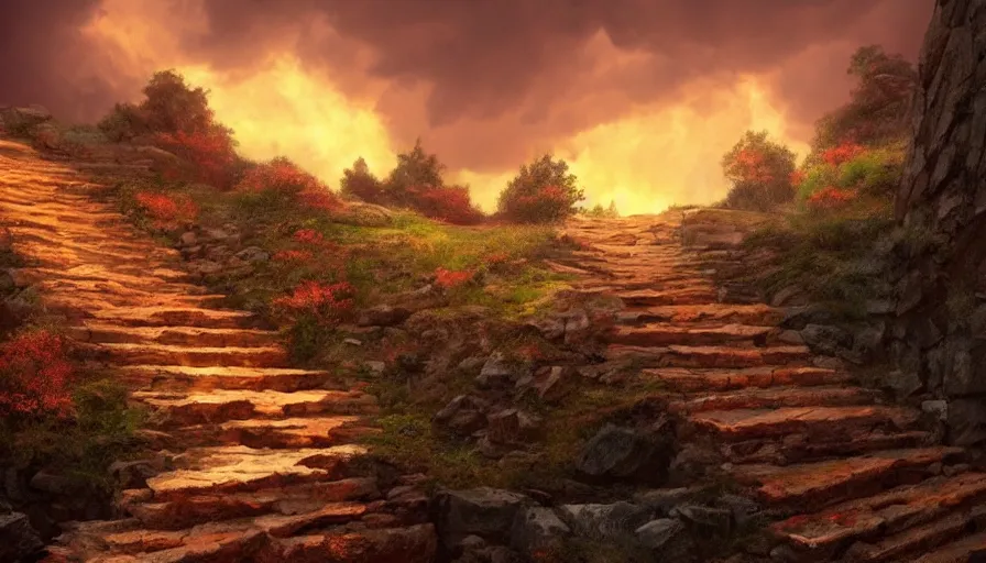 Prompt: a stone stairway leading into the heavens, fire, red sky, red rain, dark clouds, rule of thirds, highly detailed, volumetric lighting, trending on artstation, concept art, matte painting, 4k, octane render, art by ted nasmith and greg rutkowski