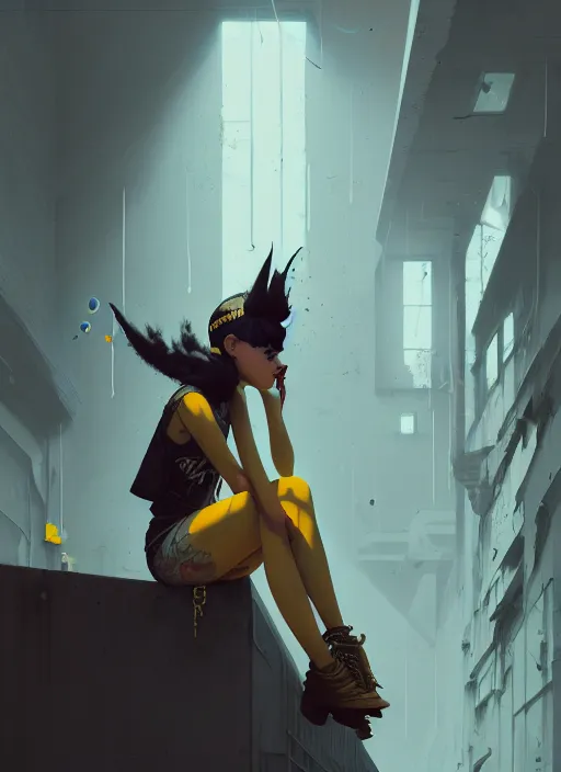 Image similar to highly detailed matte painting, of punk girl sitting on maximalist 3 d calligraphy graffiti tag light eroding grey walls, by atey ghailan, by greg rutkowski, by greg tocchini, by james gilleard, by joe fenton, by kaethe butcher, yellow, brown, black and cyan mystical color scheme, grunge aesthetic, octane render