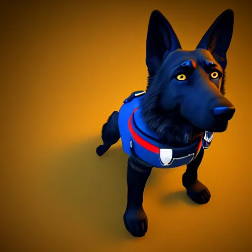 Image similar to police dog german sheperd, 3 d model, cartoony, unreal engine, 4 k, artstation, dreamworks, ultra quality, blue uniform, badge on collar, pixar, rollerkates