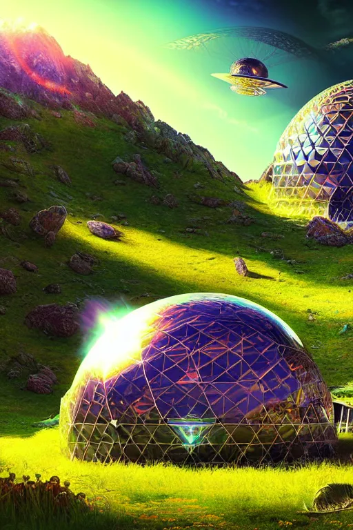 Prompt: detailed nacreous hard shell alien spacecraft geodesic dome in a picturesque mountain meadow. mathias kollros mark winters villeneuve lie setiawan lius lasahido manuel castanon. portrait vivid intricate vibrant elaborate inks unreal engine render.