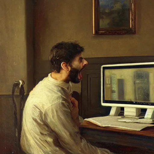 Image similar to an angry man yells at his computer monitor, oil on canvas, 1 8 8 3, highly detailed