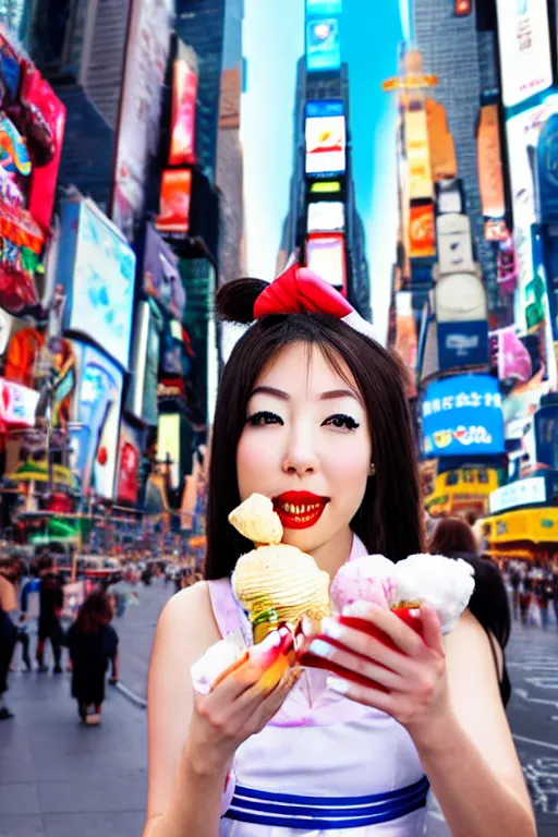 Image similar to Beautiful Japanese Woman in Sailor Moon costume eating an ice-cream cone, standing for a selfie, New York Time Square, high detail, ultra-realistic