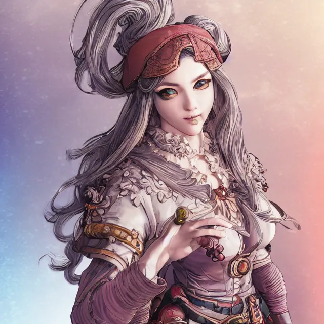 Prompt: the portrait of neutral rainbow colorful female cleric bard as an absurdly beautiful, gorgeous, elegant, skinny gravure idol open eyes, an ultrafine hyperdetailed illustration by kim jung gi, intricate linework, super detailed faces, super sharp focus, bright colors, octopath traveler, final fantasy, unreal engine 5 highly rendered, global illumination, radiant light