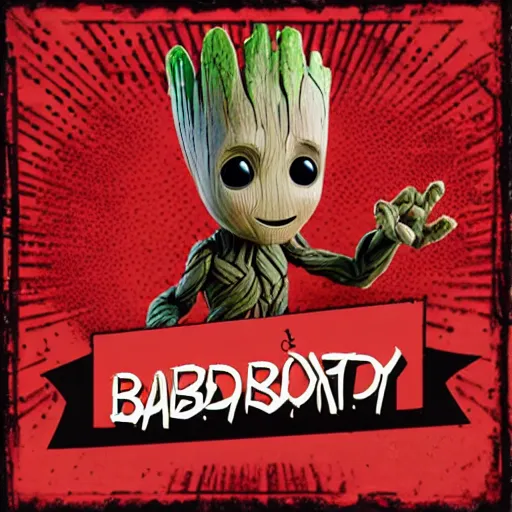 Image similar to baby groot and random english words with red and black colors as pop smoke album cover