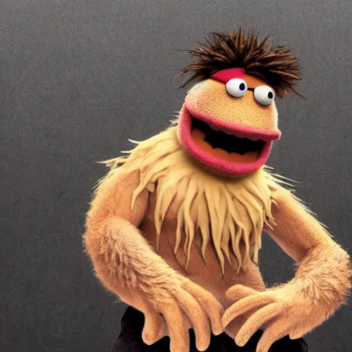 Image similar to a still of a forgotten muppet character looking very manly and modern, hilarious, laughing, hairy chest, huge chin, manly monster tough guy, roughled fur, photo real, photographic, photograph, artstation, trending, featured