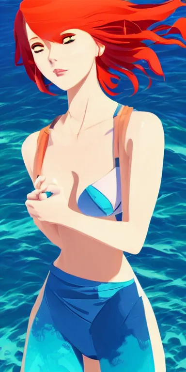 Prompt: redhead 👩👙😘 🏖🌊🌅 digital painting, anime inspired, clean cel shaded vector art. shutterstock. behance hd by lois van baarle, artgerm, helen huang, by makoto shinkai and ilya kuvshinov, rossdraws, illustration, art by ilya kuvshinov