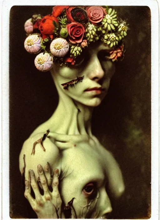 Image similar to beautiful and detailed rotten woman made of plants and many types of stylized flowers like carnation, daisy, chrysanthemum, anemone, roses and tulips, intricate, surreal, john constable, gustave courbet, caravaggio, romero ressendi, bruno walpoth 1 9 1 0 polaroid photo