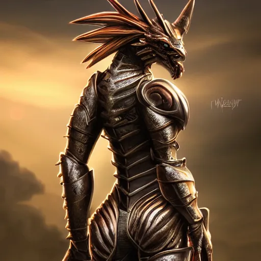Image similar to stunning cinematic elegant back end shot with and upward angle, of a beautiful female knight, but as a hot anthropomorphic female dragon, well designed highly detailed cute female dragon head with slick eyes, looking back at the camera, well armored, detailed claws, arms crossed, HD octane render, fantasy, furry art, Artstation, Deviantart, Furaffinity