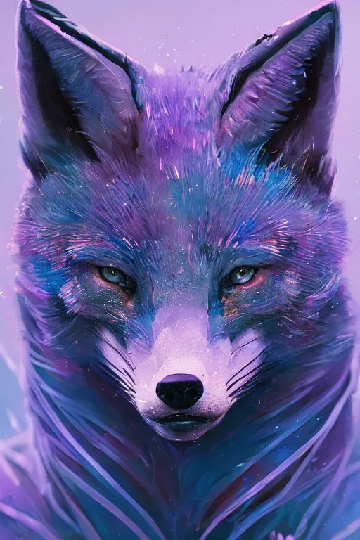 Image similar to A fancy portrait of a blue crystalized fox by Greg Rutkowski, beeple, Sung Choi, Mitchell Mohrhauser, Maciej Kuciara, Johnson Ting, Maxim Verehin, Peter Konig, final fantasy, macro lens, 35mm, 8k photorealistic, cinematic lighting, HD, high details, dramatic, dark atmosphere, trending on artstation