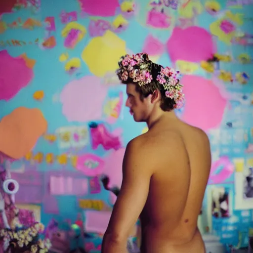 Image similar to kodak portra 4 0 0 photograph of a skinny blonde guy standing in cluttered 9 0 s cyber bedroom, back view, flower crown, moody lighting, telephoto, 9 0 s vibe, blurry background, vaporwave colors, faded!,