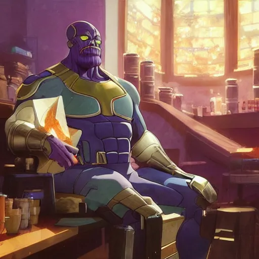 Image similar to portrait of thanos working at starbucks, digital illustration, by makoto shinkai and ruan jia and studio ghibli