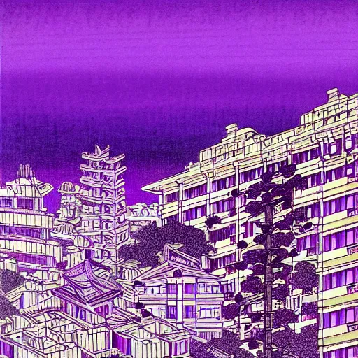 Image similar to purple cyberpunk city, by Hokusai