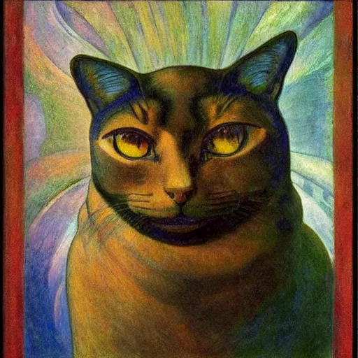 Image similar to painting of cloisonne cat head, by annie swynnerton and diego rivera and nicholas roerich and jean delville, symbolist, dramatic lighting, god rays, art brut, rich colors, smooth, sharp focus, extremely detailed, adolf wolfli and ( donato giancola )