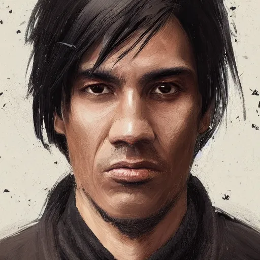 Image similar to portrait of a peruvian man by greg rutkowski, he is about 3 0 years old, short black hair with bangs, very tall and slender, he is wearing a beige and black utility jumpsuit, highly detailed portrait, digital painting, artstation, concept art, smooth, sharp focus ilustration, artstation hq