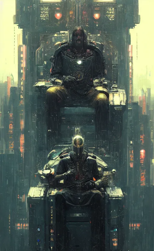 Prompt: « beautiful comic style portrait of cyberpunk king on the throne by greg rutkowski, very detailed »