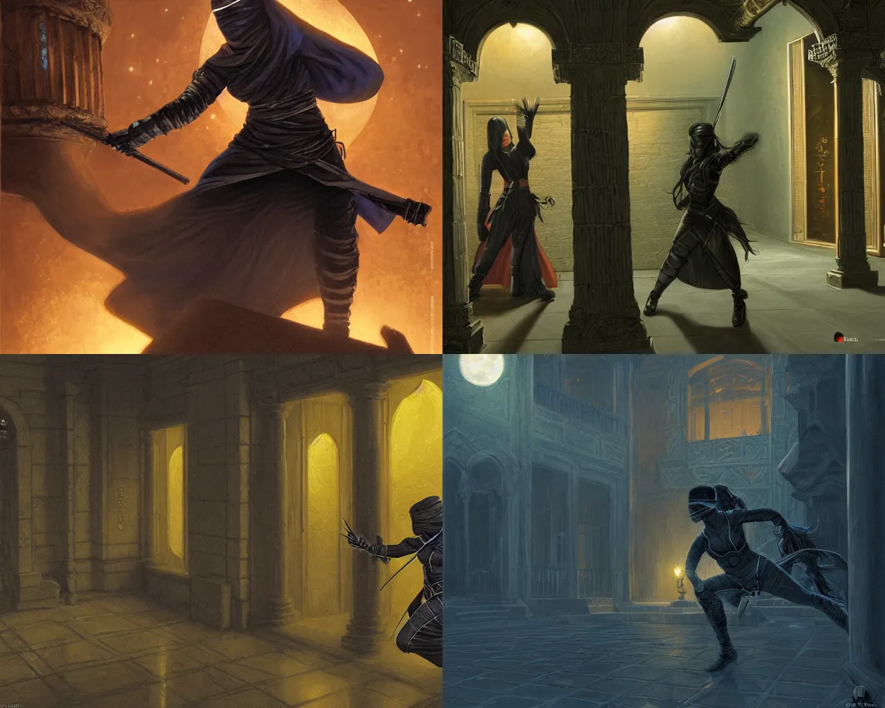 Prompt: female ninja infiltrating a palace at night, moonlight, volumetric lighting, sharp focus, ultradetailed, realistic, action scene, simble and swift, hd 8 k, by donato giancola, centered