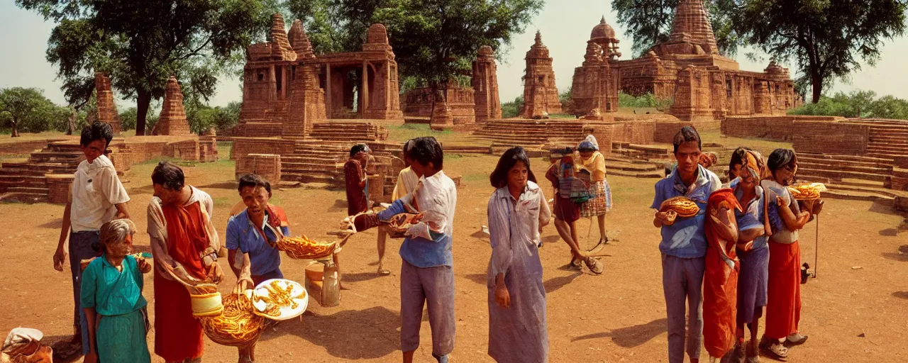 Image similar to people offering spaghetti at sanchi stupa, ancient india, canon 5 0 mm, kodachrome, in the style of wes anderson, retro