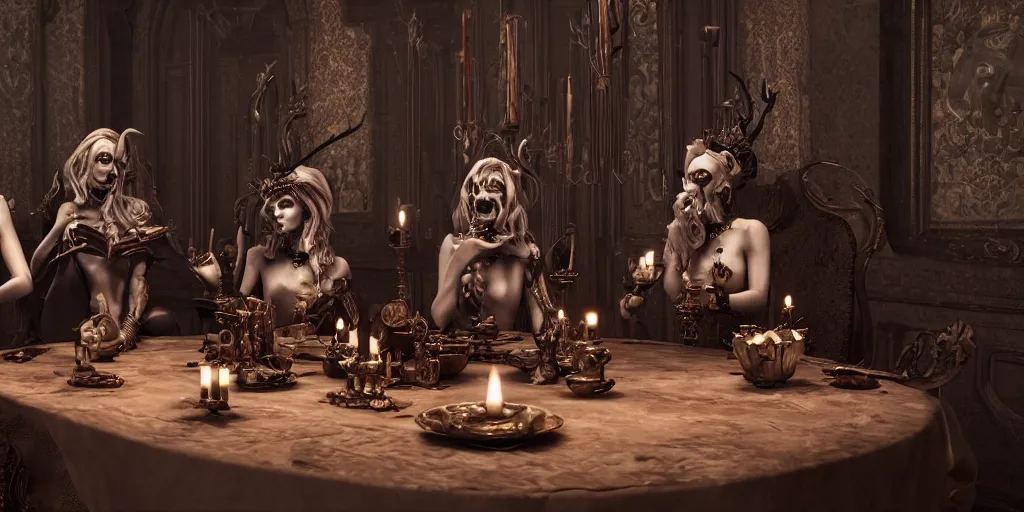 Image similar to dark witches sitting at a table doing a ritual. Ornate details, award winning. Octane render, 4k, 8k, unreal 5, very detailed, hyper control-realism, trending on artstation.”