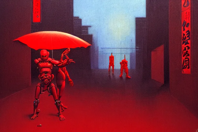 Image similar to only with red, a red cyborg samurai, tokio futuristic in background, some evil yokai, in the style of beksinski, parts by edward hopper, parts by rodcenko, parts by yue minjun, intricate and epic composition, red by caravaggio, insanely quality, highly detailed, masterpiece, red light, artstation, 4 k