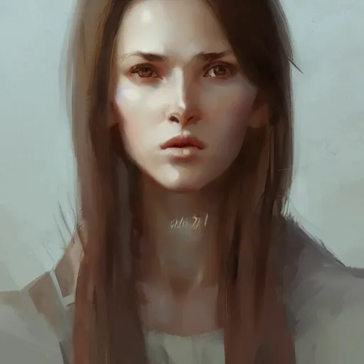 Prompt: Portrait of a woman by Greg Rutkowski, she is about 20 years old, brown long and straight hair, pretty oval face, attractive, Artstation HQ