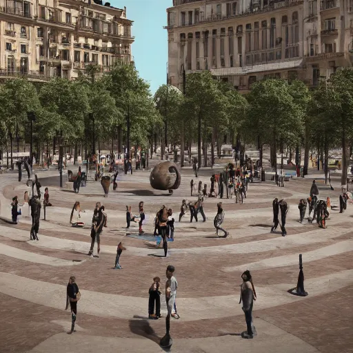 Prompt: photorealistic weird sculpture in the middle of plaza catalunya surrounded by people, barcelona, octane render, by origiful, 4 k