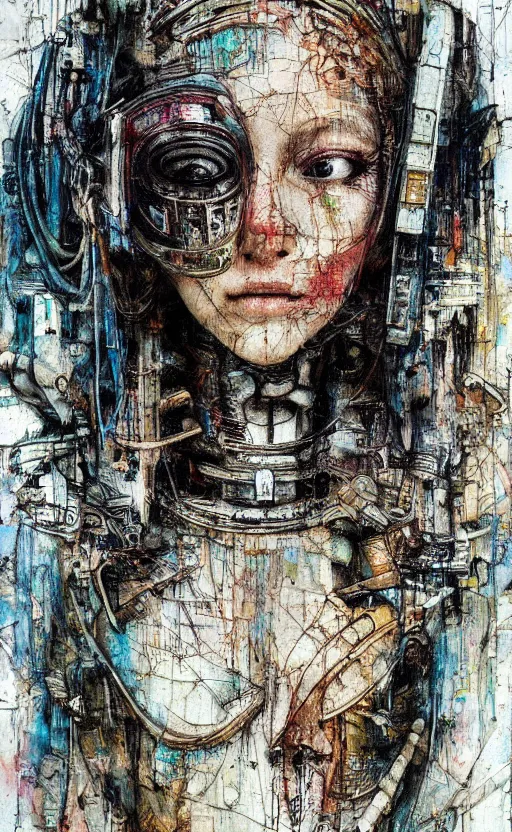 Image similar to woman wearing gown made of mech mask rendered in unreal engine, cyberpunk, rave, scifi, painted by albrecht durer | bernard buffet | carne griffiths | wlop